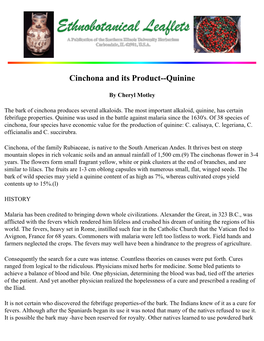 Cinchona and Its Product--Quinine