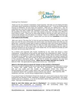 Thank You for Your Interest in Charleston, South Carolina! We Hope You Are Finding the Basic Information About Relocating to Charleston at Move2charleston.Com