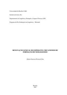 Renovação Lexical Do Esperanto : Mecanismos De Formação De