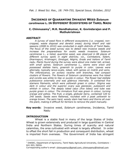 INCIDENCE of QUARANTINE INVASIVE WEED Solanum Carolinense L