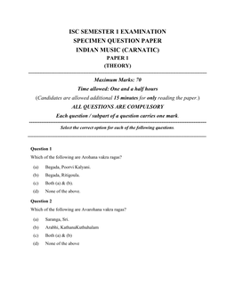 Isc Semester 1 Examination Specimen Question Paper Indian Music