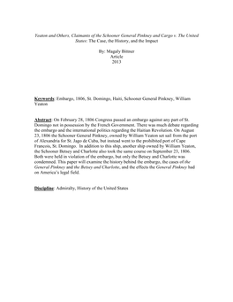 Yeaton and Others, Claimants of the Schooner General Pinkney and Cargo V. the United States: the Case, the History, and the Impact