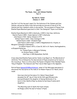 DRAFT the Payne, Cave, and Johnson Families Part 2 by Donn B. Parker January 2, 2004 See Part 1 of This Two-Part Report For