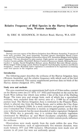 Relative Frequency of Bird Species in the Harvey Irrigation Area, Western Australia