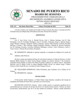 Senado De Puerto Rico Diario De Sesiones Procedimientos Y Debates De La Decimosexta Asamblea Legislativa Septima Sesion Ordinaria Año 2012 Vol