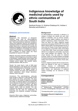 Indigenous Knowledge of Medicinal Plants Used by Ethnic Communities of South India