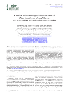 Chemical and Morphological Characterization of Allium Tuncelianum (Amaryllidaceae) and Its Antioxidant and Anticholinesterase Potentials