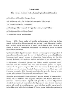 Lettera Aperta Si Al Servizio Sanitario Nazionale, No Al Regionalismo