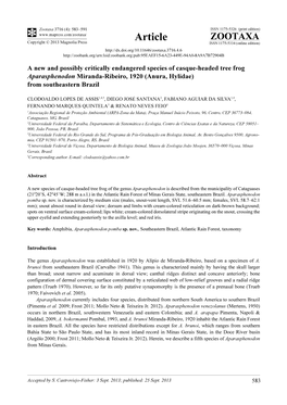 A New and Possibly Critically Endangered Species of Casque-Headed Tree Frog Aparasphenodon Miranda-Ribeiro, 1920 (Anura, Hylidae) from Southeastern Brazil