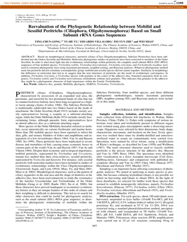 Reevaluation of the Phylogenetic Relationship Between Mobilid and Sessilid Peritrichs (Ciliophora, Oligohymenophorea) Based on Small Subunit Rrna Genes Sequences