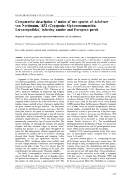 Comparative Description of Males of Two Species of Achtheres Von Nordmann, 1832 (Copepoda: Siphonostomatoida: Lernaeopodidae) Infecting Zander and European Perch