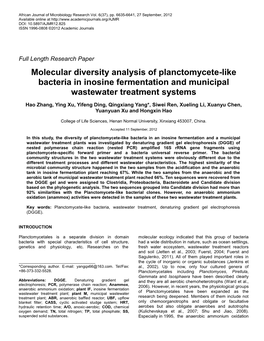 Molecular Diversity Analysis of Planctomycete-Like Bacteria in Inosine Fermentation and Municipal Wastewater Treatment Systems