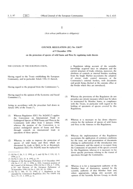 COUNCIL REGULATION (EC) No 338/97 of 9 December 1996 on the Protection of Species of Wild Fauna and Flora by Regulating Trade Therein