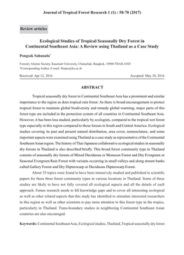 Ecological Studies of Tropical Seasonally Dry Forest in Continental Southeast Asia: a Review Using Thailand As a Case Study