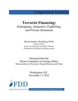 Terrorist Financing: Kidnapping, Antiquities Trafficking, and Private Donations