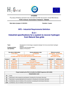 D.2.1 Industrial Specifications for a System to Recover Hydrogen from Natural Gas Grids