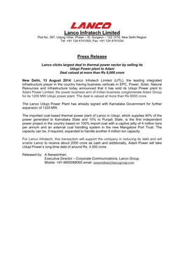 Lanco Clicks Largest Deal in Thermal Power Sector by Selling Its Udupi Power Plant to Adani Deal Valued at More Than Rs 6,000 Crore