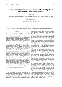 Water Germander Teucrium Scordium L. in Cambridgeshire: Back from the Brink of Extinction