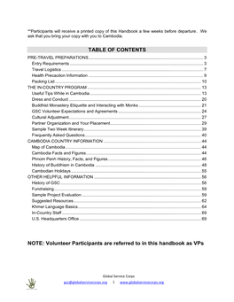 TABLE of CONTENTS NOTE: Volunteer Participants Are Referred to in This Handbook As