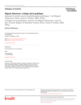 Miguel Abensour, Critique De La Politique / Hannah Arendt Contre La Philosophie Politique ?, De Miguel Abensour, Paris, Sens Et Tonka, 2006, 260 P