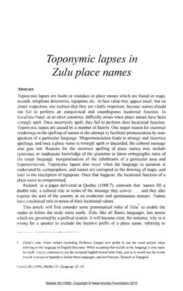 Toponymiclapsesin Zulu Place Names