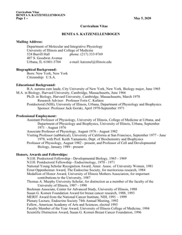 Curriculum Vitae BENITA S. KATZENELLENBOGEN Page 1 – May 5, 2020
