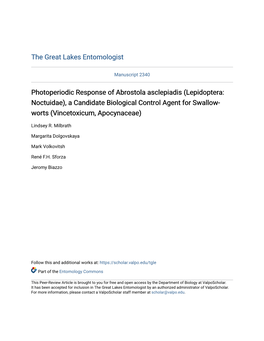 Photoperiodic Response of Abrostola Asclepiadis (Lepidoptera: Noctuidae), a Candidate Biological Control Agent for Swallow- Worts (Vincetoxicum, Apocynaceae)