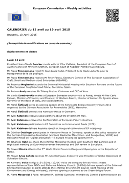 CALENDRIER Du 13 Avril Au 19 Avril 2015 Brussels, 10 April 2015