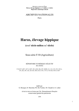 Haras, Élevage Hippique (XVII -Milieu XX Siècle) Répertoire Numérique Sélectif