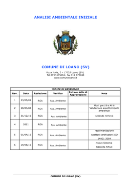 Analisi Ambientale Iniziale Comune Di Loano (Sv)
