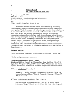 1 Anthropology 220 the Politics of Food and Sex in India Rutgers