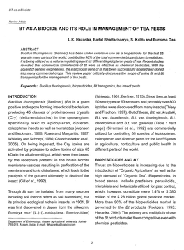 BT AS a Bloclde and ITS ROLE in MANAGEMENT of TEA PESTS