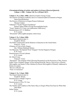 Chronological Listing of Articles and Authors in Oregon Historical Quarterly Volume 1, 1900 – Volume 118, No
