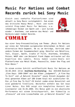 Music for Nations Und Combat Records Zurück Bei Sony Music