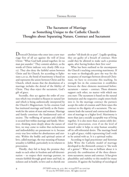 The Sacrament of Marriage As Something Unique to the Catholic Church: Thoughts About Separating Nature, Contract and Sacrament