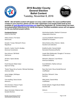 2016 Boulder County General Election Ballot Content Tuesday, November 8, 2016