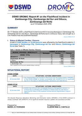 DSWD DROMIC Report #1 on the Flashflood Incident in Zamboanga City, Zamboanga Del Sur and Sibuco, Zamboanga Del Norte As of 18 October 2020, 4PM