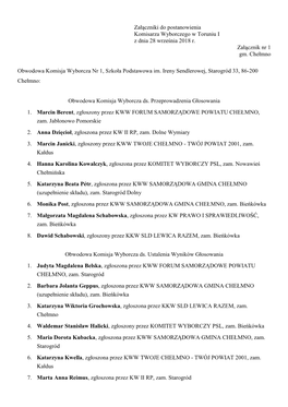 Załączniki Do Postanowienia Komisarza Wyborczego W Toruniu I Z Dnia 28 Września 2018 R. Załącznik Nr 1 Gm. Chełmno Obwodow