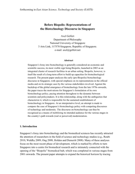 Before Biopolis: Representations of the Biotechnology Discourse in Singapore