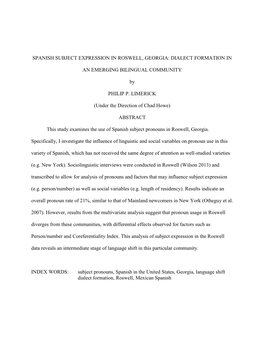 Spanish Subject Expression in Roswell, Georgia: Dialect Formation In