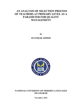 An Analysis of Selection Process of Teachers at Primary Level As a Parameter for Quality Management