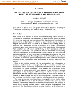 THE DISTRIBUTION of CORIXIDAE in RELATION to the WATER QUALITY of BRITISH LAKES: a MONITORING MODEL ALAN A. SAVAGE (Dr A. A