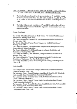 (Various Roads, South Lakeland Area) (Consolidation of Traffic Regulations) Order 2002