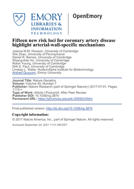 Fifteen New Risk Loci for Coronary Artery Disease Highlight Arterial-Wall-Specific Mechanisms Joanna M.M