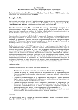 Cas TUN 110309 Disparition Forcée/ Crainte Pour L’Intégrité Physique Et Psychologique