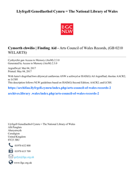Finding Aid - Arts Council of Wales Records, (GB 0210 WELARTS)