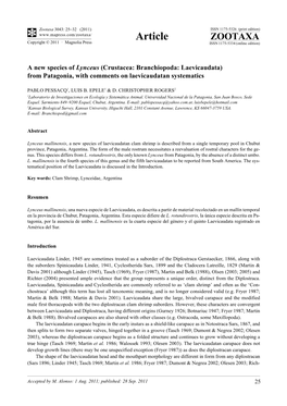 Crustacea: Branchiopoda: Laevicaudata) from Patagonia, with Comments on Laevicaudatan Systematics