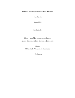 Eichner's Monetary Economics