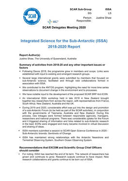 Integrated Science for the Sub-Antarctic (ISSA) 2018-2020 Report