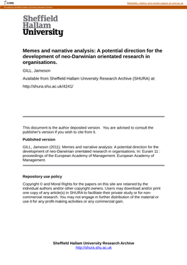 Memes and Narrative Analysis: a Potential Direction for the Development of Neo-Darwinian Orientated Research in Organisations